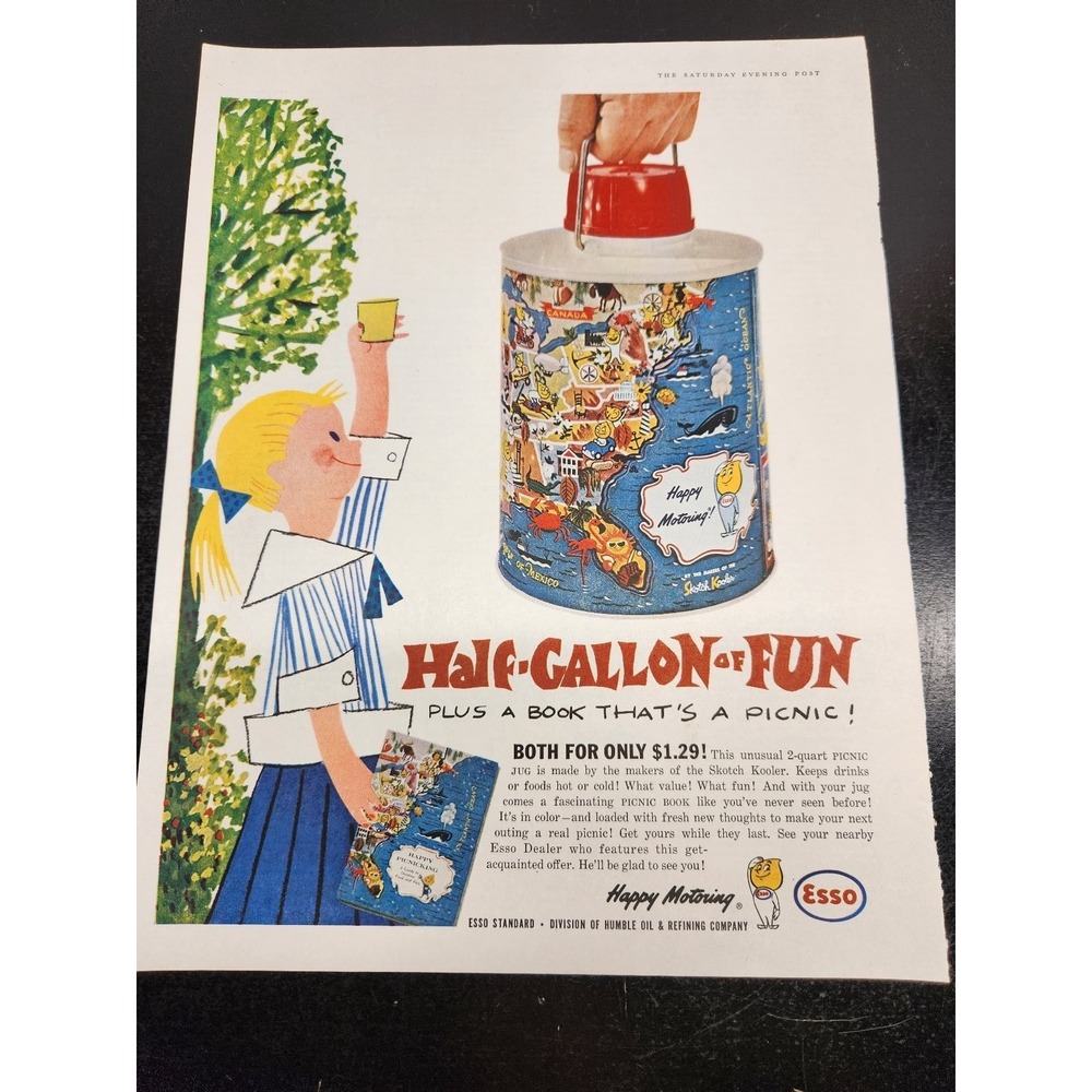 Esso Magazine Ad Picnic Jug Happy Motoring 1960 Car Culture Ephemera 13.5x10.5